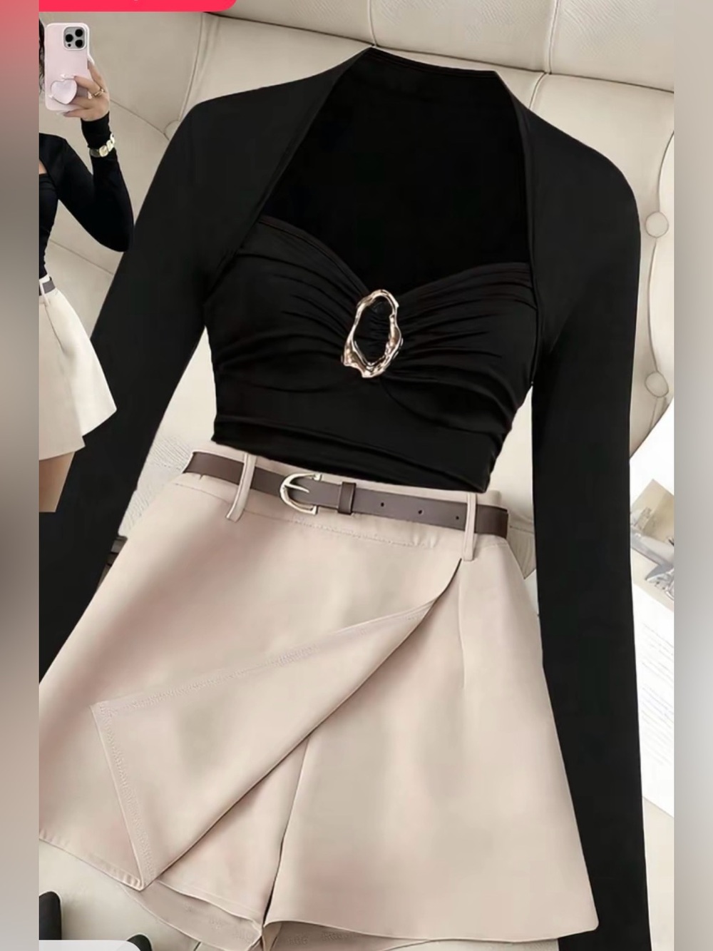 Black Bodysuit & Beige Skort Set – Size S